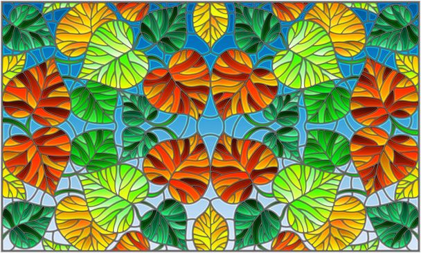 Ilustracja w stylu Witraż z motywem liści abstrakcyjne, kolorowe liście na niebieskim tle - Wektor, obraz