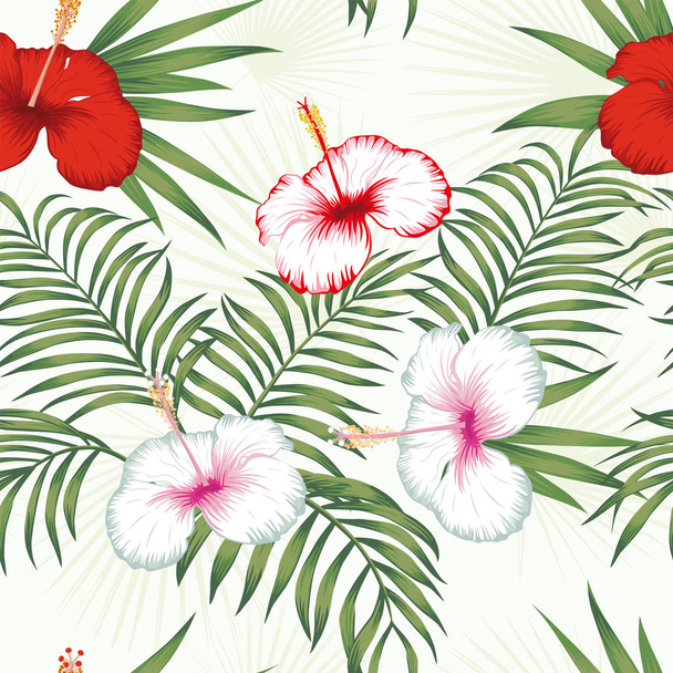 Multicolor hibiscus green leaves seamless white background - ベクター画像
