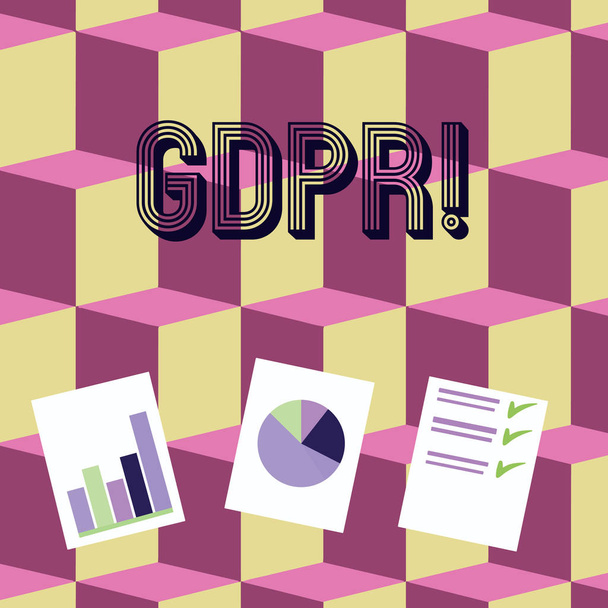 Writing note showing Gdpr. Business photo showcasing General Data Protection Regulation privacy eu laws compliance Presentation of Bar, Data and Pie Chart Graph on White Paper. - Photo, Image
