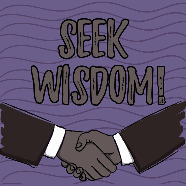 Word writing text Seek Wisdom. Business concept for ability to think act using knowledge experience understanding Businessmen Shaking Hands Firmly as Gesture Form of Greeting and Agreement. - Photo, Image