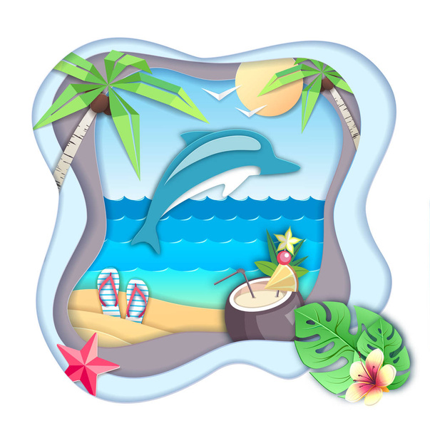 Delfín skákání z vody na pláži pozadí. Vystřižené z papíru umění styl designu - Vektor, obrázek
