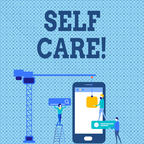 Word pisanie tekstu Self Care. Koncepcja biznesowa dla praktyki podejmowania działań zachowania lub poprawy tych własne zdrowie pracowników pracujących razem dla wspólnego celu ikonami proces Seo. - Zdjęcie, obraz