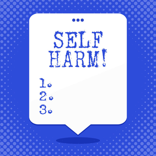Написание текста "Self Harm". Бизнес-концепция для преднамеренного травматизма, как правило, анализ психологического пустого пространства Белый речевой шар плавающий с тремя ударами отверстия на вершине
. - Фото, изображение