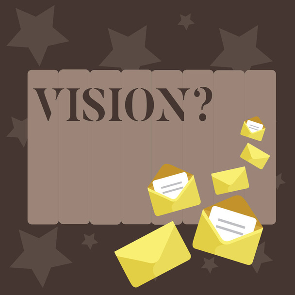 概念的な手書きの Visionquestion を示します。ビジネス写真色のひな形を将来の現実的な状態終了と手紙を開いている封筒を記述する同社の取り組みを紹介. - 写真・画像