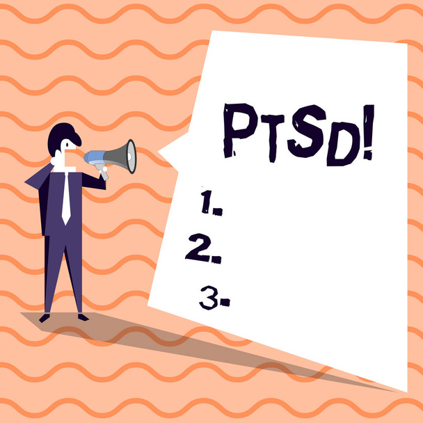 Word writing text Ptsd. Business concept for Post Traumatic Stress Disorder Mental Illness Trauma Fear Depression Businessman Shouting on Megaphone and Blank White Uneven Shape Speech Bubble. - Photo, Image
