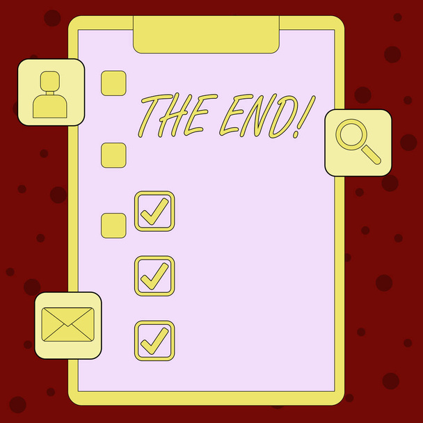 Handwriting text The End. Concept meaning Conclusion of time for something ending of life Clipboard with Tick Box and 3 Apps Icons for Assessment, Updates, Reminder. - Photo, Image