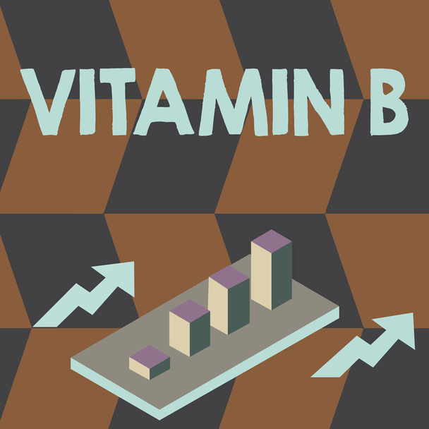 Schrijven van de notitie weergegeven: vitamine B. Business foto presentatie zeer belangrijke bronnen en de voordelen van voedingstoffen folaat Clustered 3d Bar grafiek grafiek in perspectief met twee pijlen. - Foto, afbeelding