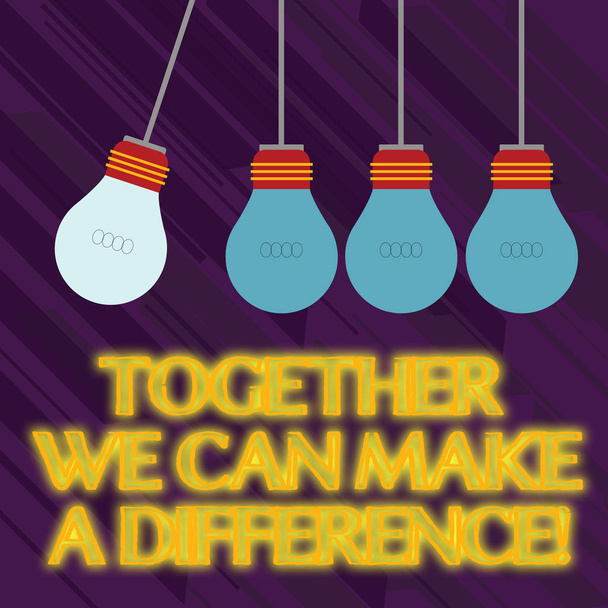 Word writing text Together We Can Make A Difference. Business concept for be important some way in like team or group Color Incandescent Pendant Bulb Hanging with One Different Shade Lightbulb. - Photo, Image