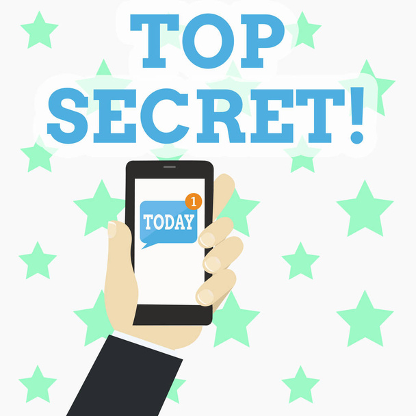 Megjegyzés: Top Secret bemutató írás. Üzleti fénykép bemutató legmagasabb secrec szigorúan titkos fájlokat információk vagy helyek emberi kéz tartja Smartphone-val olvasatlan üzenet a képernyőn. - Fotó, kép