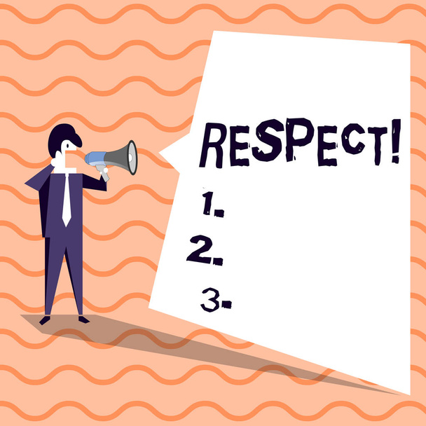 Word writing text Respect. Business concept for Feeling of deep admiration for someone or something Appreciation Businessman Shouting on Megaphone and Blank White Uneven Shape Speech Bubble. - Photo, Image