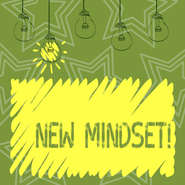Handwriting text writing New Mindset. Concept meaning mental attitude of demonstratings responses to certain situations Set of Transparent Bulbs Hanging with Filament and One is in Lighted Icon. - Photo, Image