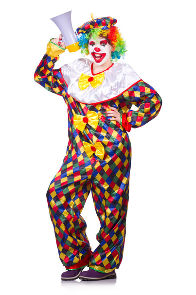 clown met luidspreker op wit - Foto, afbeelding