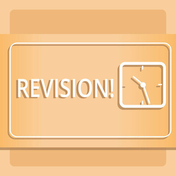 Text sign showing Revision. Conceptual photo Rechecking Before Proceeding Self Improvement Preparation Modern Design of Transparent Square Analog Clock on Two Tone Pastel Backdrop. - Photo, Image