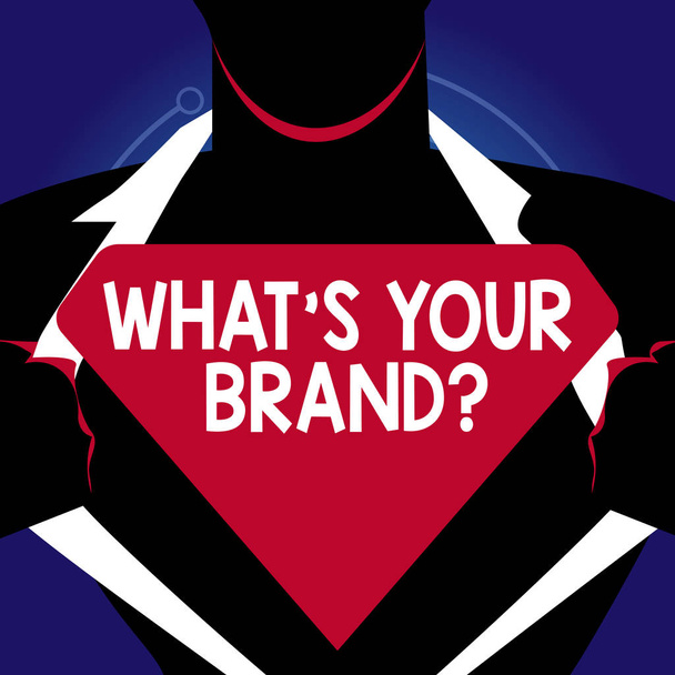 Zápis poznámky ukazující co S Your Brand otázku. Obchodní fotografie představí žádají o produktu logo nebo co budete komunikovat muž otevírání košili odhalit prázdné trojúhelníkové Logo. - Fotografie, Obrázek