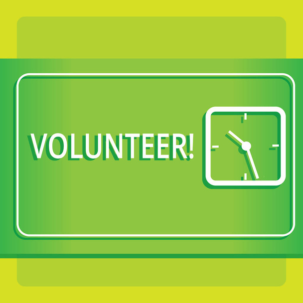 Text sign showing Volunteer. Conceptual photo Volunteering individual for greater social cause serving others Modern Design of Transparent Square Analog Clock on Two Tone Pastel Backdrop. - Photo, Image