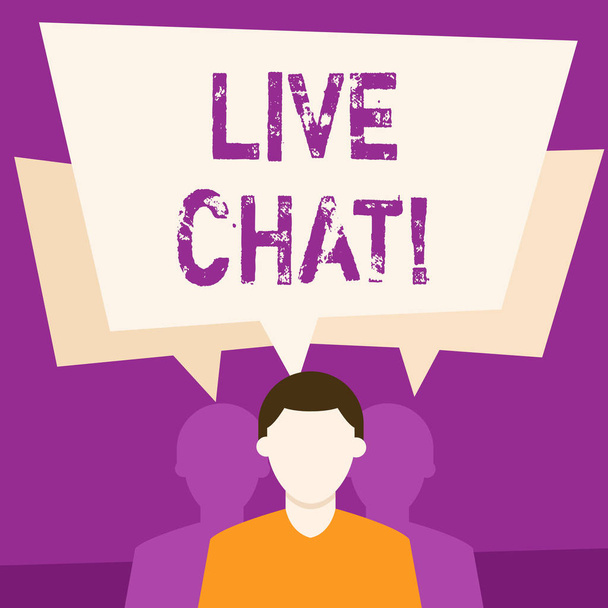 Text sign showing Live Chat. Conceptual photo Web service that allows businesses or friends to communicate Faceless Man has Two Shadows Each has Their Own Speech Bubble Overlapping. - Photo, Image