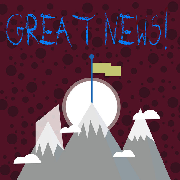 Text sign showing Great News. Conceptual photo Informal someone or something that positive encouraging uplifting Three High Mountains with Snow and One has Blank Colorful Flag at the Peak. - Photo, Image