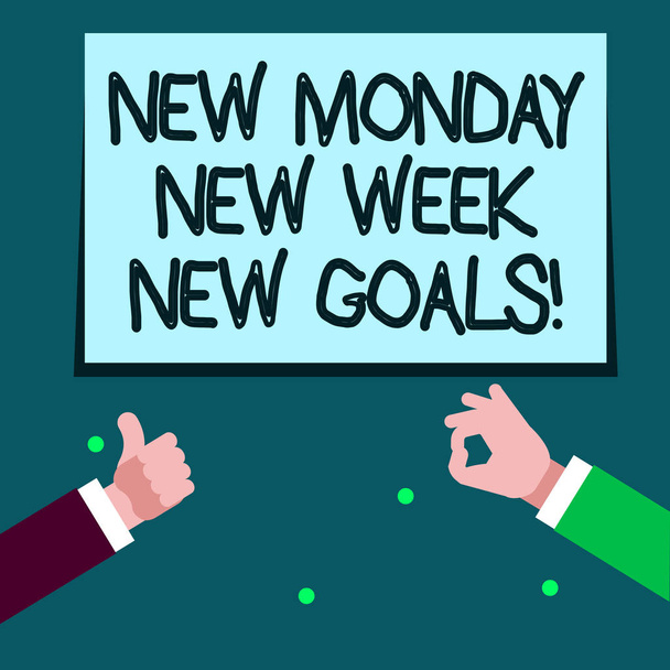 Tekstiä kirjoitetaan New Monday New Week New Goals. Liiketoiminta konsepti hyvästit viikonloppuna alkaa tuoreita tavoitteita tavoitteet Kaksi Liikemiehet kädet Gesturing peukalot ylös ja OK Kirjaudu edistäminen
. - Valokuva, kuva