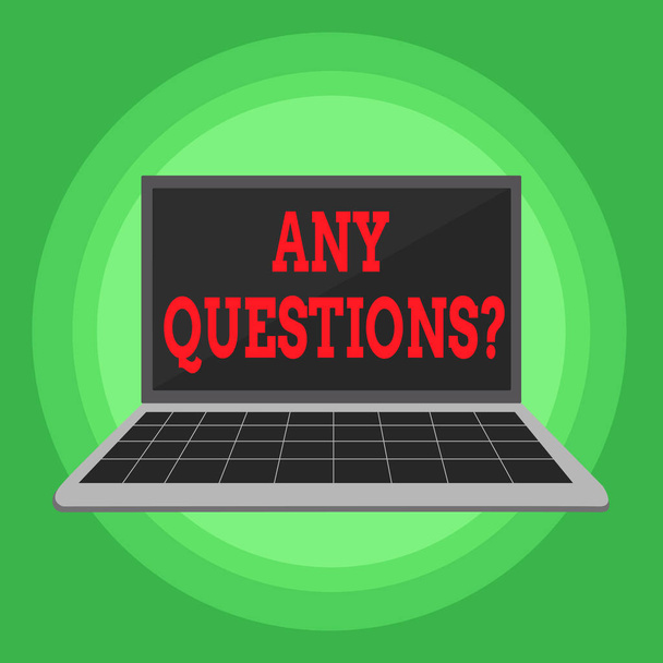 Writing note showing Any Questions Question. Business photo showcasing you say write order to ask demonstrating about something Laptop with Grid Design Keyboard Screen on Pastel Backdrop. - Photo, Image