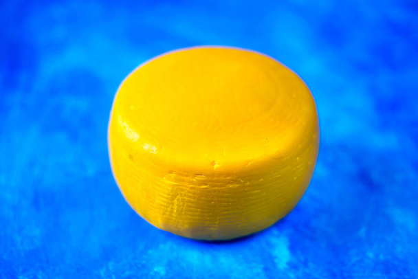 Cheese wheel on blue background - Photo, Image