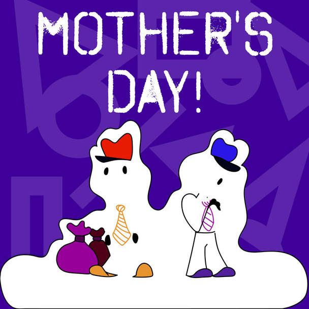 Conceptual hand writing showing Mother S Day. Business photo text day of year where mothers are particularly honoured by children Figure of Two Men Standing with Pouch Bag White Snow Effect. - Photo, Image