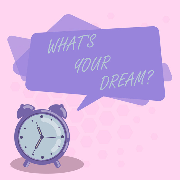Szó, mi S Your Dream szöveg írása. Üzleti koncepció mondja el kívánságait demonstratingal vágyak motiváció elvárások Üres téglalap alakú beszéd buborék Színátfedés és analóg ébresztőórával. - Fotó, kép
