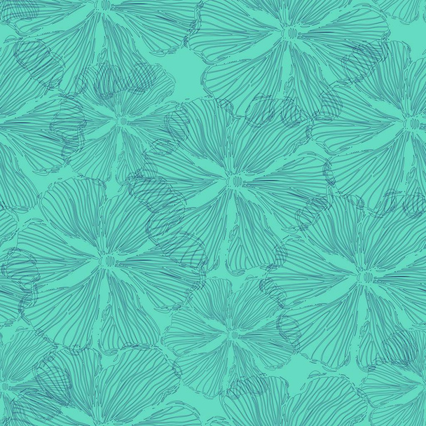 Hand getekende tuin flover, blauwdruk van lijntekeningen. Vector naadloze patroon, twee kleuren patroon tegel, blauw en turquoise.  - Vector, afbeelding