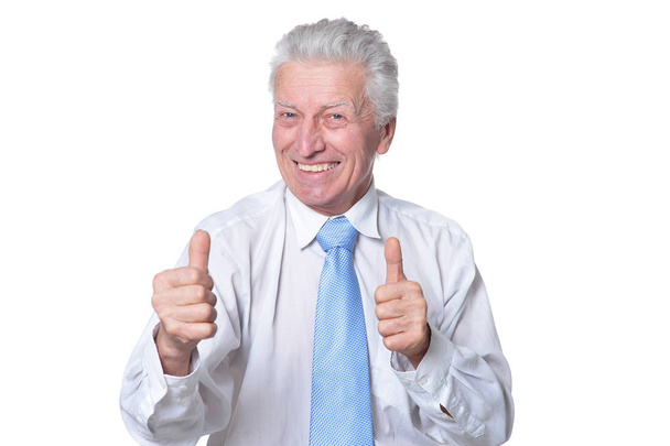 happy  senior  man showing thumbs up isolated on white background - Фото, зображення