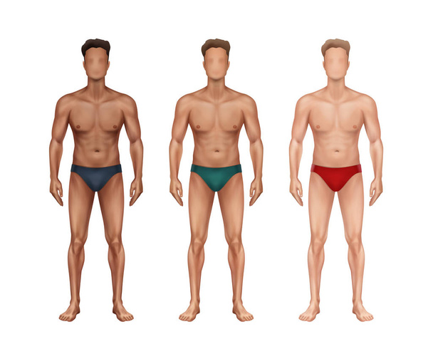 Vectorillustratie van drie staande man met verschillende nationaliteiten en huidtypes en ondergoed op achtergrond - Vector, afbeelding
