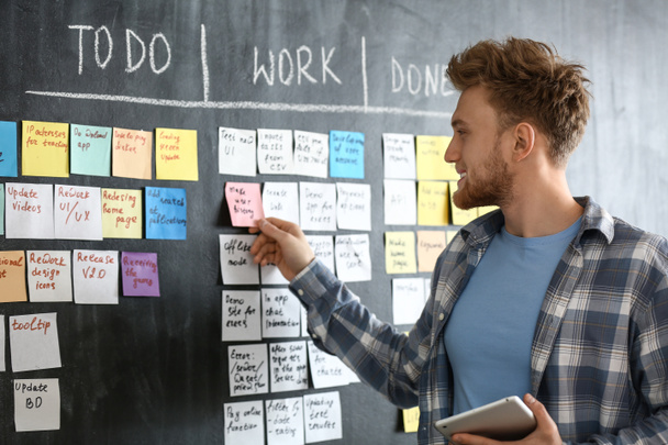 Young man near scrum task board in office - Photo, Image