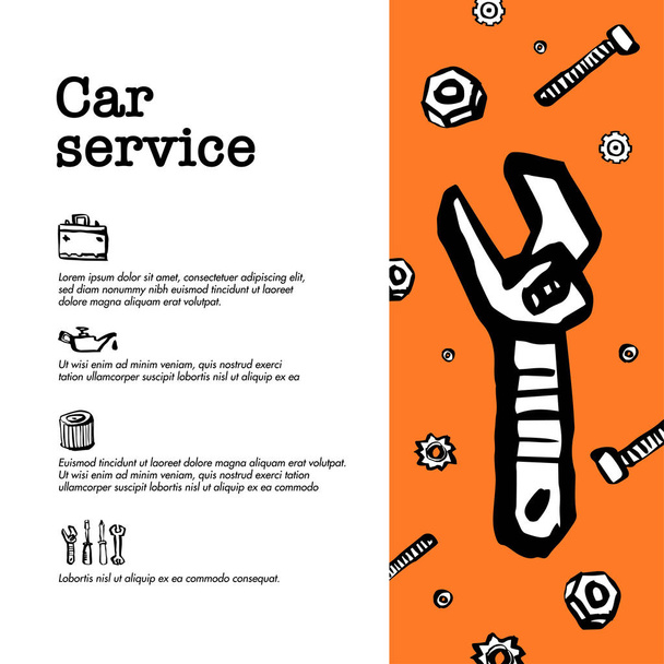 Έννοια υπηρεσιών αυτοκινήτων. Σετ με ανταλλακτικά αυτοκινήτων και εργαλεία, υπηρεσία αυτοκινήτων, υπηρεσία ελαστικών, αυτοκίνητο επισκευή κλπ. Doodle μελάνι στυλ εικονογράφηση διάνυσμα. - Διάνυσμα, εικόνα