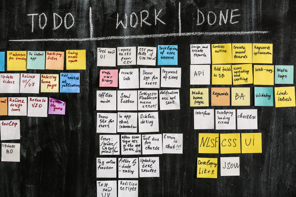 Scrum task board on dark wall in office - Фото, зображення