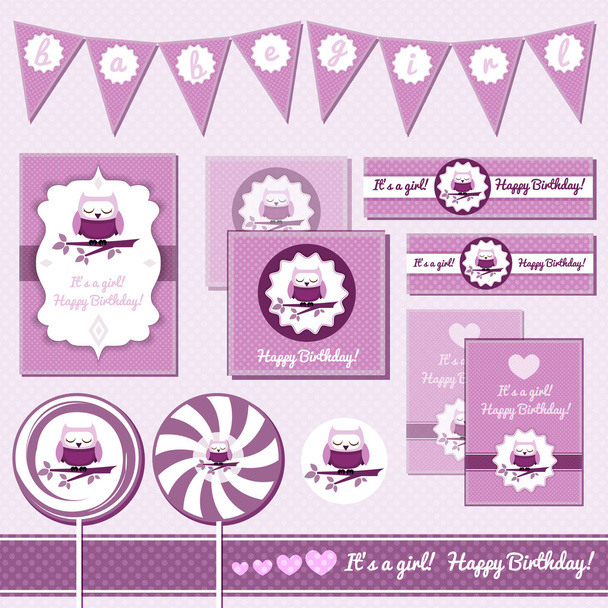 Baby Girl greeting cards with owl - Vector, Image