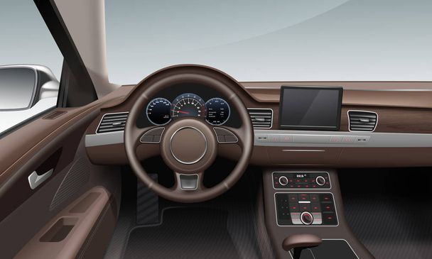 Ilustración vectorial del interior del coche con tablero de instrumentos de tierra de rueda de cuero en marrón
 - Vector, Imagen