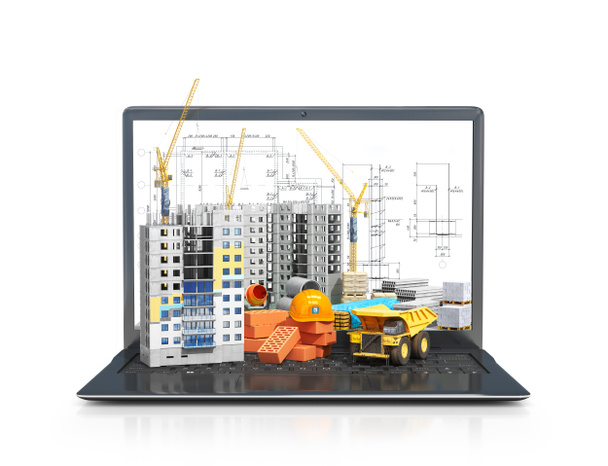 Construction site on the screen of a portable computer, skyscraper building, building materials. 3d illustration - Photo, Image