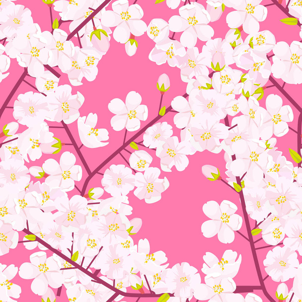 Cherry blossom seamless pattern. Textile or fabric concept Japanese flowering texture. Flat color style vector illustration. - Vector, Image