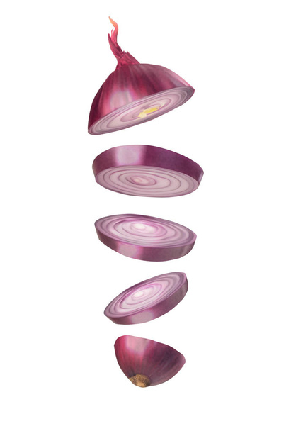 Onions cut into rings in flight. Vector realistic illustration on white background. - ベクター画像