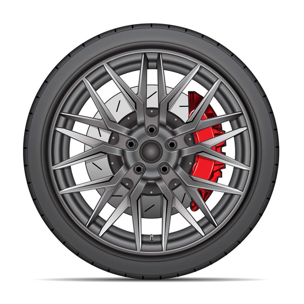 Realistische Felge mit Radialreifen und Bremsscheibe für Sportwagen auf weißem Hintergrund Vektor-Illustration. - Vektor, Bild