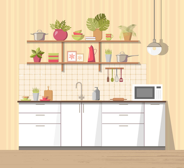 White cosy kitchen interior with furniture, sink, lamp and microwave oven, big shelf with different plant, dishes - teapot, pan, bowls, mugs, utensils. Modern flat style vector, isolated - Vector, Image
