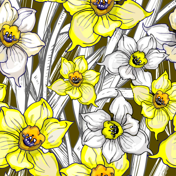 Padrão botânico sem costura com flores de Narciso, Daffodil
 - Vetor, Imagem