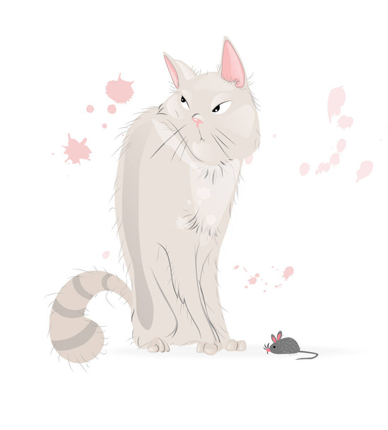 White Cat and a mouse Vector cartoon character. Pussy cat annoyed looks - Вектор, зображення