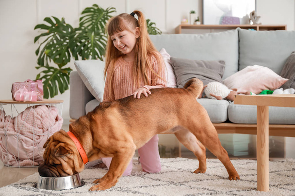 Söpö pieni tyttö ruokinta hauska koira kotona
 - Valokuva, kuva