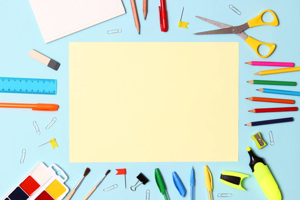set of stationery on a colored background with space for text. back to school. office tools. flat lay, top view - 写真・画像