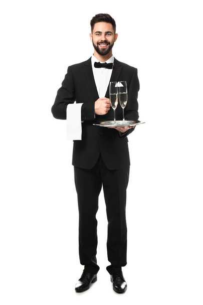 Waiter with glasses of champagne on white background - Photo, Image