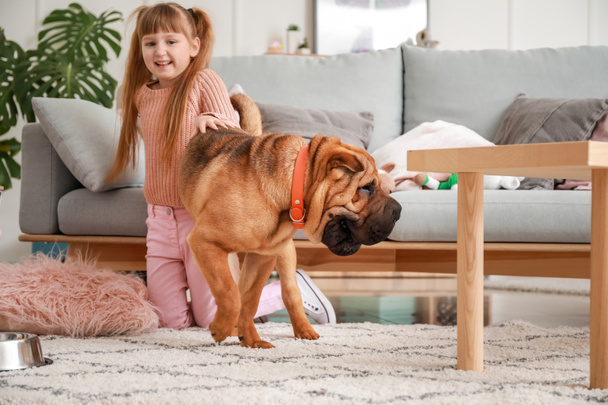 Sevimli küçük kız komik köpek vasıl ev ile - Fotoğraf, Görsel