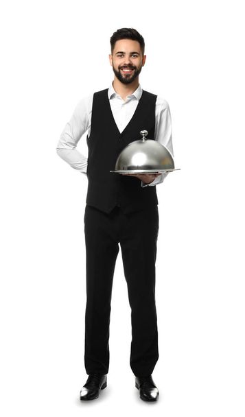 Kellner mit Tablett und Cloche auf weißem Hintergrund - Foto, Bild