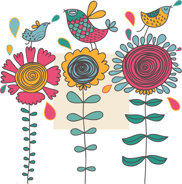 Colorful cartoon birds on flowers - Vector, Imagen