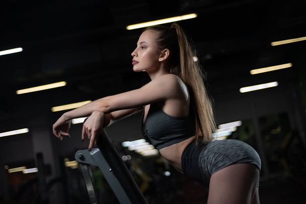Fitness girl posing in the gym on the bench showing off her body - Photo, image