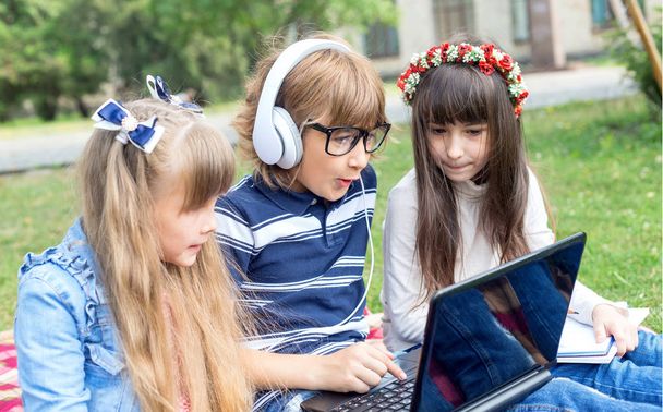 Group of children spend time playing a game on a laptop while sitting on the lawn together. - Valokuva, kuva