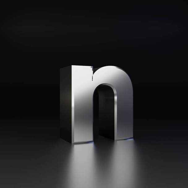 Chrome letter N lowercase. 3D render shiny metal font isolated on black background - Photo, Image